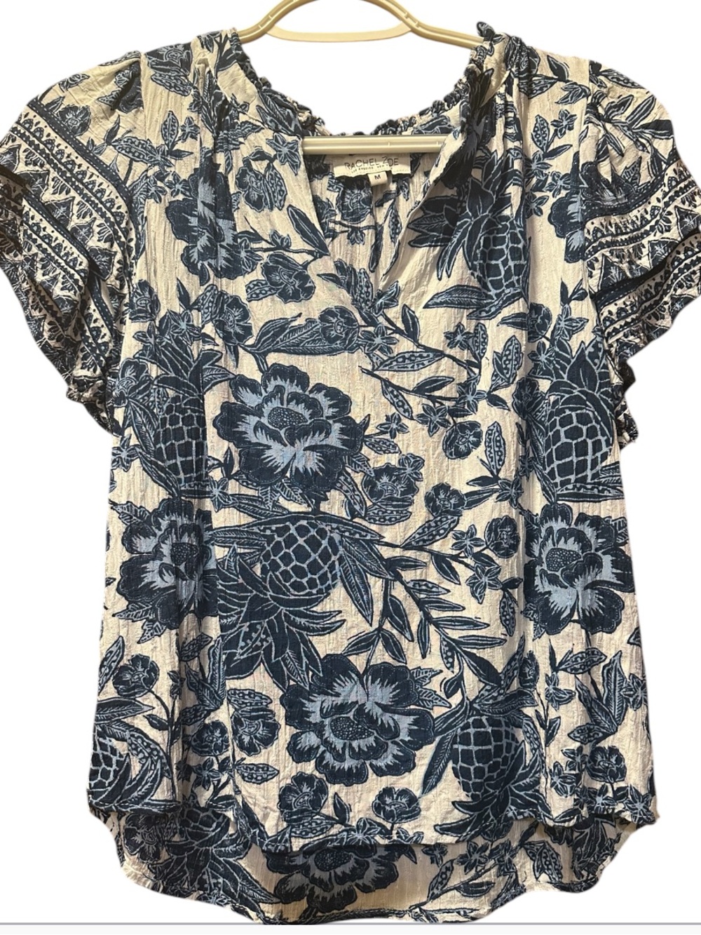 Rachel Zoe 100% Linen Navy Floral Crew-Neck Short Sleeve Blouse
